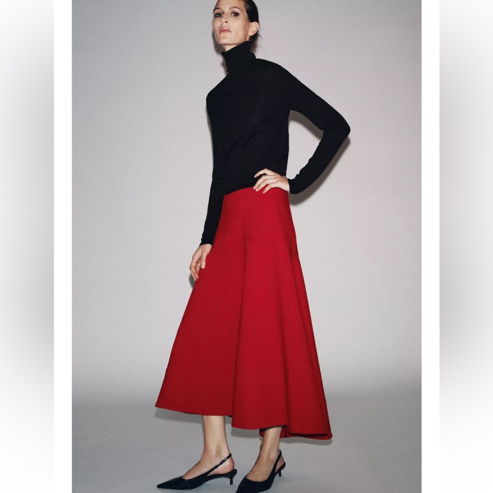 Zara ZW COLLECTION Cape midi skirt in red with an asymmetric A-line hem